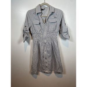 Smock Waist Sz Large Zip Front Denim Look Striped Dress Academia Cottage Core‎